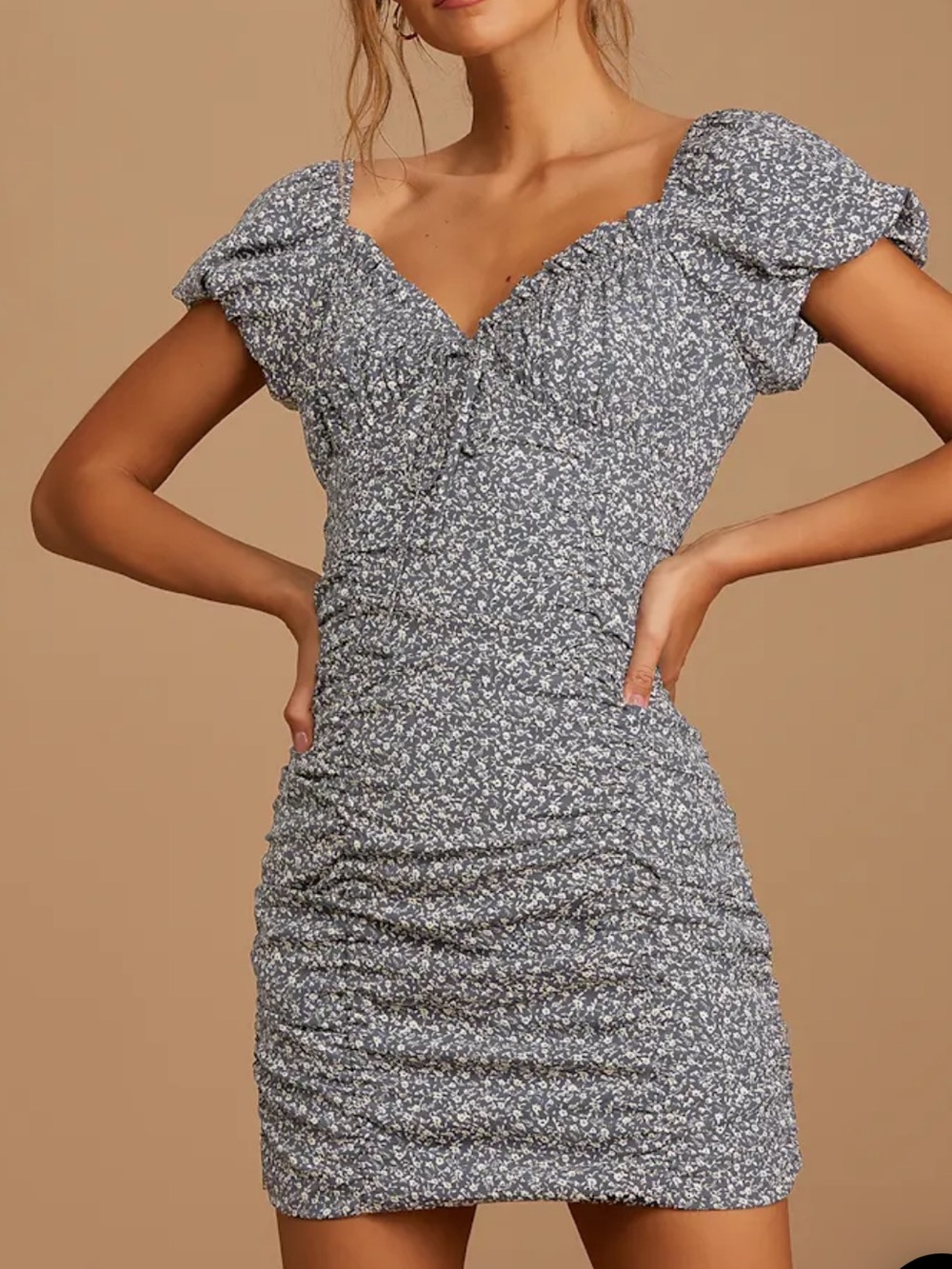 Lulu's Blue Floral Puff Sleeve Dress